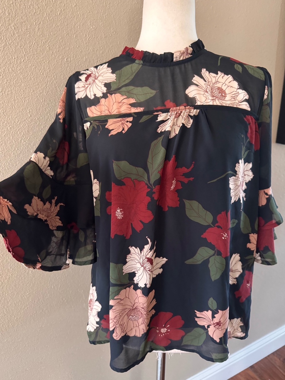 Monteau Black Floral Ruffle Yoke Blouse with Red & Pink Blooms